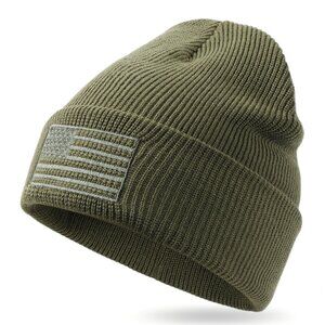 Unisex Knit Beanie with American Flag Embroidery, Cuffed Winter Hat
